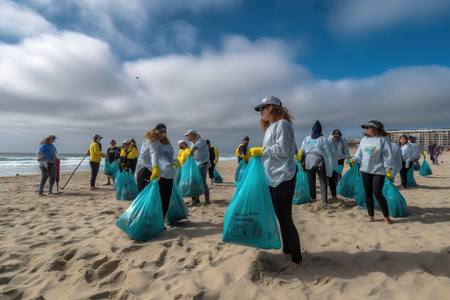 A group of volunteers wearing gloves and carrying reusable bags participate in a beach cleanup event. They are collecting plastic waste, including bottles, bags, and other debris. Generative AIの素材