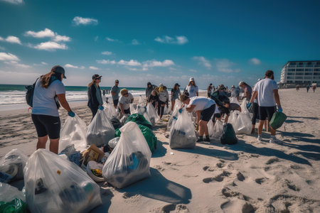 A group of volunteers wearing gloves and carrying reusable bags participate in a beach cleanup event. They are collecting plastic waste, including bottles, bags, and other debris. Generative AIの素材
