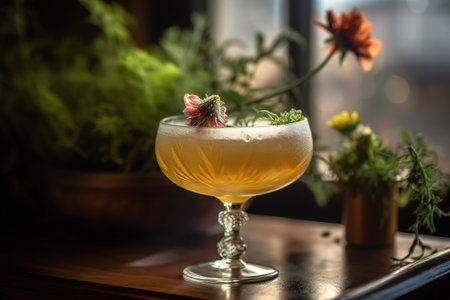 A trendy craft cocktail featuring infused cannabis flower blossoms garnishing the rim of a cocktail glass along with a sugared rim. Generative AI.の素材