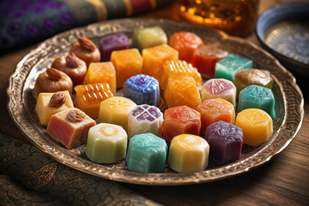 A plate of traditional Ramadan sweets. Focus on the colorful and intricate designs of the sweets. The background could be blurred to draw attention to the sweets and their deliciousness. Generative AIの素材