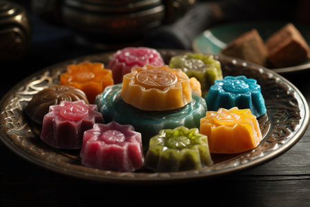 A plate of traditional Ramadan sweets. Focus on the colorful and intricate designs of the sweets. The background could be blurred to draw attention to the sweets and their deliciousness. Generative AIの素材