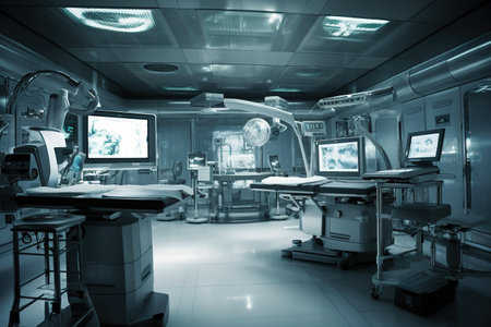 Operating room, with the robotic medical instruments in the foreground and the medical team in the background. Advanced medical equipment used in robotic medical. Generative AI.の素材