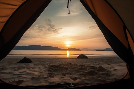 Camping on the white beach with beautiful panorama at sunrise light view from a tent. Generative AI.の素材