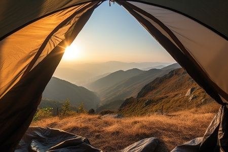 Camping on the top of the mountain with beautiful panorama at sunrise light view from a tent. Generative AIの素材