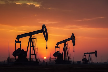 Oil pump plant energy industrial machine in sunset background. Generative AIの素材
