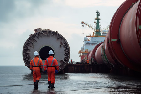 Workers inspecting the undersea gas pipeline: The focus be on the importance of regular maintenance and inspection of the pipeline. Generative AIの素材