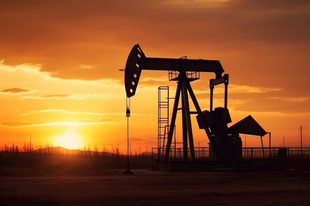 Oil pump plant energy industrial machine in sunset background. Generative AIの素材