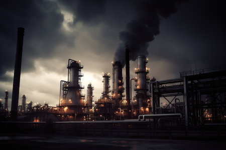 A refinery with smokestacks, with the focus on the smokestacks releasing steam and smoke into the air. Generative AIの素材
