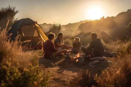 A peaceful, early morning family camping scene, showcasing a family enjoying breakfast together at their campsite, as the sun rises and casts a warm, golden light over the landscape. Generative AI.の素材