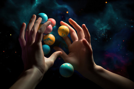 Hands poised to catch notes of soundless music that fill the space between spaces. The harmonies of the spheres manifest as light-forms and arpeggios of brilliant colors. Generative AIの素材