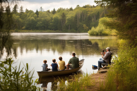 A fun, family fishing trip, with parents teaching their children the art of casting and patiently waiting for a catch, set against a calm, sparkling lake or riverside location.の素材