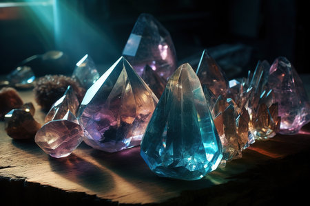 Crystals acting as psychic amplifiers, their lattice structures vibrating and pulsating with energy in a spectrum outside of normal sight or sound. Generative AIの素材