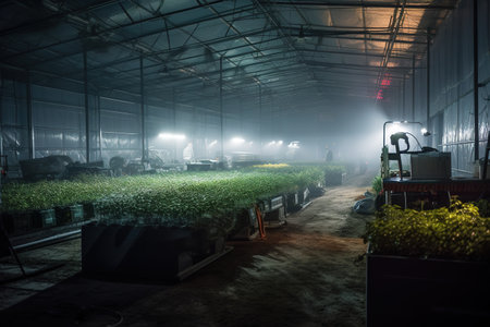 Powering massive LED arrays that illuminate the interior of a greenhouse at night. Crop technicians in hazmat suits tend to the plants under the bright lights, as if growing diamonds. Generative AIの素材