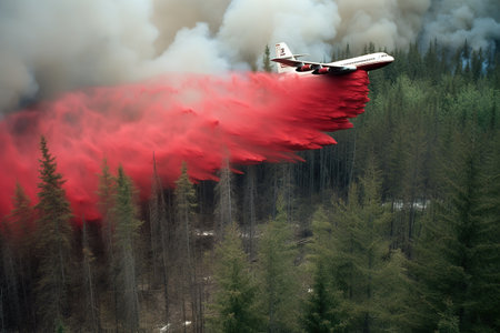 A giant firefighting air tanker plane flying low and releasing a massive deluge of fire retardant chemicals onto the burning forest. Generative AI.の素材