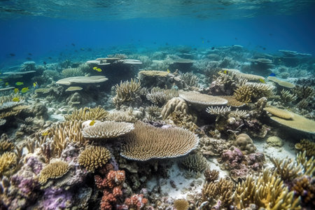 Underwater scene of a coral reef, but the corals are bleaching white, dying off due to rising ocean temperatures. Tropical fish scatter away from their dying habitat. Generative AIの素材