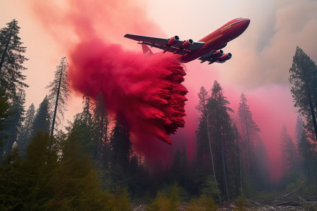 A giant firefighting air tanker plane flying low and releasing a massive deluge of fire retardant chemicals onto the burning forest. Generative AI.の素材