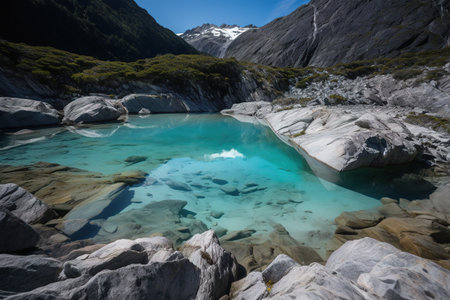 The remains of a majestic glacier, cracked and broken remnants of ice clinging to their position for now, but melting inevitably into azure blue pools. Generative AIの素材