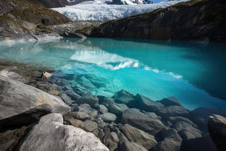 The remains of a majestic glacier, cracked and broken remnants of ice clinging to their position for now, but melting inevitably into azure blue pools. Generative AIの素材
