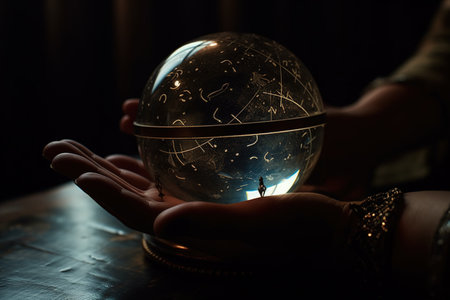 A crystal ball, but instead of a clouded crystal, there are star charts and astronomy diagrams floating in the orb. Palmistry and astrology meet, seeking visions of things yet to come. Generative AIの素材