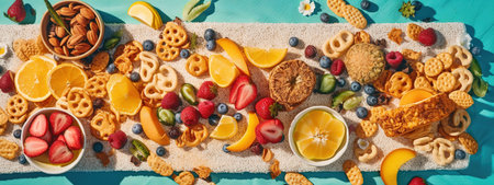 A flat lay image of beach snacks such as popcorn, pretzels, and fruit on a colorful beach blanket. Concept summer theme banner. Generative AIの素材