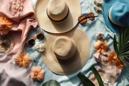 A flat lay image of summer accessories such as sunglasses, hats, and jewelry on a beach towel. The accessories are arranged in a way that is visually pleasing and stylish. Generative AIの素材