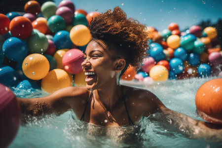 A black woman in a playful, colorful two-piece swimsuit splashes around in the shallow end of a pool, surrounded by inflatable toys and beach balls. The sun is high in the sky. Generative Aiの素材