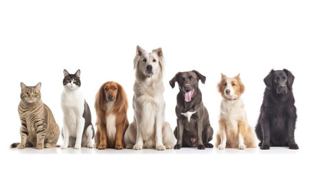 Group of mixed breed dogs and cat sitting in a row on white background. Domestic Animal Banner concept. Generative AIの素材