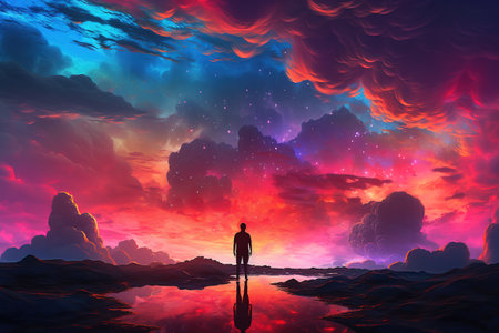 Illustration showcases a surreal and vibrant sky filled with fluorescent colors. The image captures the beauty and wonder of a colorful sky in a surreal and imaginative way. Generative AIの素材