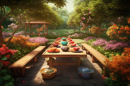 Beautiful tea garden, filled with lush greenery and colorful blooms. The setting is peaceful and serene, variety of flavors and blends available. Beauty and tranquility of nature. Generative AIの素材