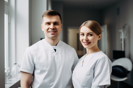 Advertising portrait shot of a dentist standing together in a dental practice and they look at the camera. Generative AIの素材