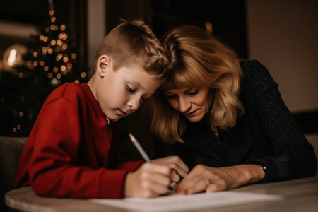 Mother and son writing a Christmas card. Generative AIの素材