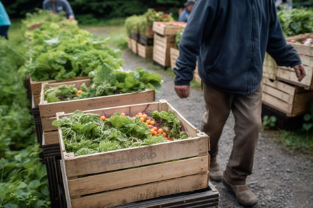 A food co-op agriculture farm. Members are carrying home boxes with the week's fresh, seasonal produce. Supporting local farmers is a pathway to better nutrition and sustainability. Generative AIの素材