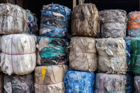 Piles of recycled materials paper, plastic, glass and metal awaiting processing into new eco-friendly products. A reminder of the importance of reducing waste and reusing resources. Generative AIの素材