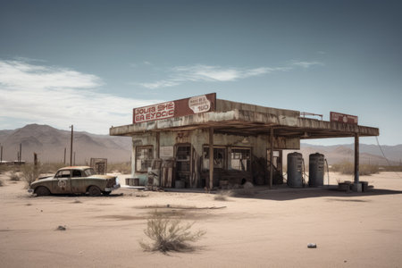 A desert gas station, where a few vehicles stand parked in a sea of grit and dust. There's a fading American flag, but the station looks long abandoned. The arid isolation is palpable. Generative AIの素材