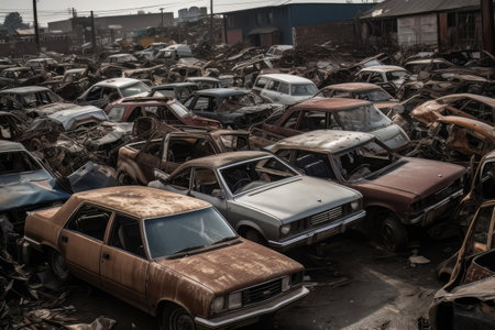 A junkyard filled with dozens of old, wrecked cars in various states of disrepair. Dismantling for parts at scrap yards and sending for remelting. Generative AIの素材