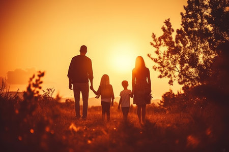 Happy young family: mother, father, children son and daughter on nature at sunset. Generative AIの素材