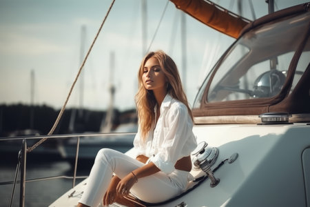 Beautiful Girl resting on the Luxury Yacht in amazing sunny day. Luxury lifestyle concept. Generative AI.の素材