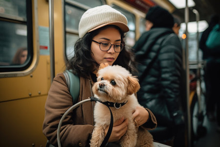 Rideshare. Owner and their pet taking public transportation. Great moment, Happy and funny. Generative AI. Generative AI.の素材