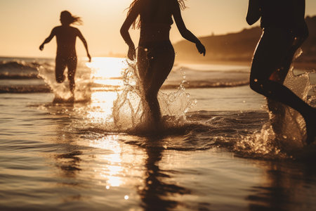 Backlit shot of teenagers running, having fun, playing and splashing water around them. At the beach during a sunny afternoon during the summer break. Generative AIの素材