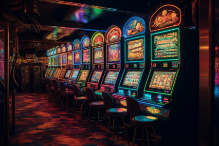 Elite room in the luxury vip casino with rows of gambling slots machine with bright neon colors. Generative AIの素材
