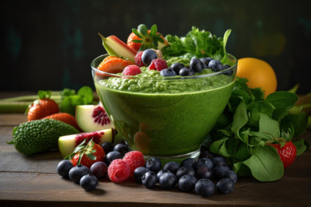 A bowl of a nutritious-looking green smoothie, loaded with leafy greens, fruits and vegetables. Fresh, organic ingredients have been blended to create a powerfully healthy meal. Generative AIの素材