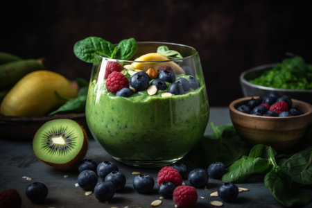 A bowl of a nutritious-looking green smoothie, loaded with leafy greens, fruits and vegetables. Fresh, organic ingredients have been blended to create a powerfully healthy meal. Generative AIの素材