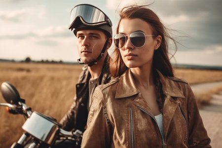 Couple in love near with a custom motorcycle. Handsome guy and beautiful young woman travel. Generative AIの素材