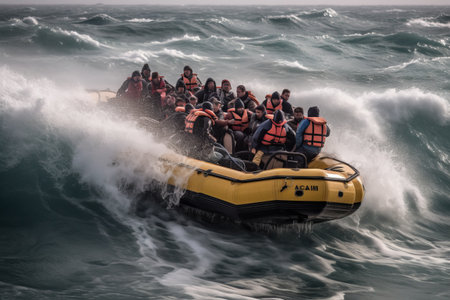 Young North Africans who flee into the sea with their boat during illegal immigration. Generative AIの素材