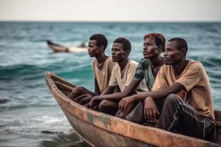 Young North Africans who flee into the sea with their boat during illegal immigration. Generative AIの素材
