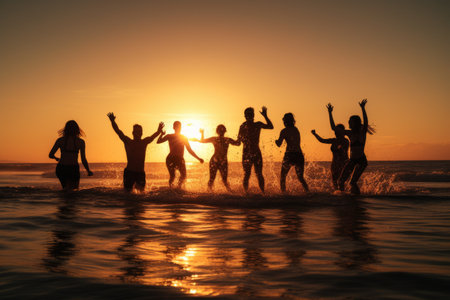 Silhouettes of young group of people jumping in sea at sunset. Concept Summertime vacation. Generative Aiの素材