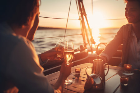 Beautiful couple of lovers relaxing on sailing boat with a champagne bottle at the sunset. Happy and romantic lifestyle concept. Generative Ai.の素材