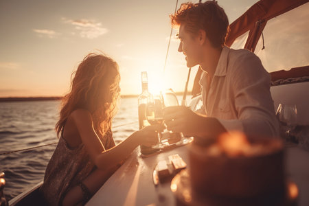 Beautiful couple of lovers relaxing on sailing boat with a champagne bottle at the sunset. Happy and romantic lifestyle concept. Generative Ai.の素材