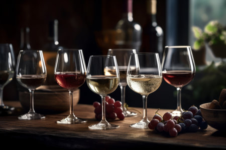 Savor the essence of fine wine. Wineglass on the table with our exquisite collection of tasting wines. Capturing the ritual and refinement of wine tasting. Generative AIの素材