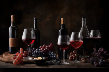 Savor the essence of fine wine. Wineglass on the table with our exquisite collection of tasting wines. Capturing the ritual and refinement of wine tasting. Generative AIの素材